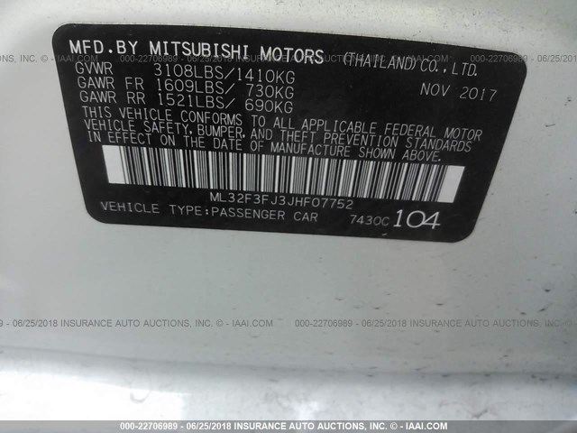 ML32F3FJ3JHF07752 - 2018 MITSUBISHI MIRAGE G4 ES WHITE photo 9