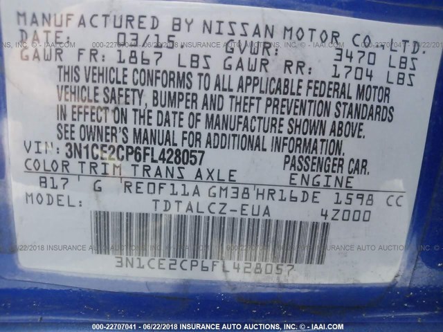 3N1CE2CP6FL428057 - 2015 NISSAN VERSA NOTE S/S PLUS/SV/SL/SR BLUE photo 9