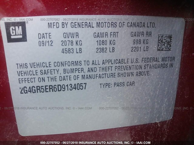 2G4GR5ER6D9134057 - 2013 BUICK REGAL RED photo 9