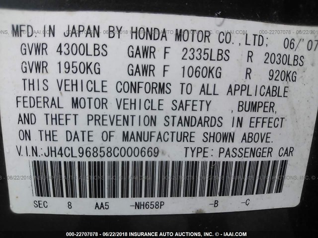 JH4CL96858C000669 - 2008 ACURA TSX ნაცრისფერი ფოტო 9