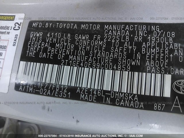 2T1GE40E99C004859 - 2009 TOYOTA COROLLA MATRIX XRS SILVER photo 9