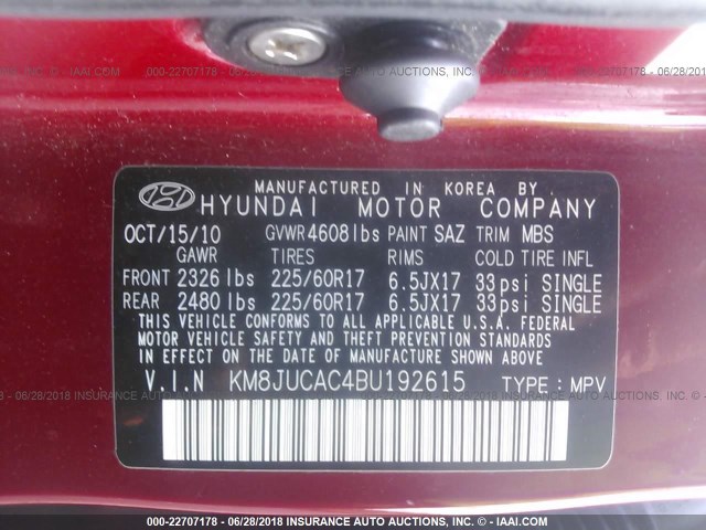 KM8JUCAC4BU192615 - 2011 HYUNDAI TUCSON GLS/LIMITED 红色 照片 9