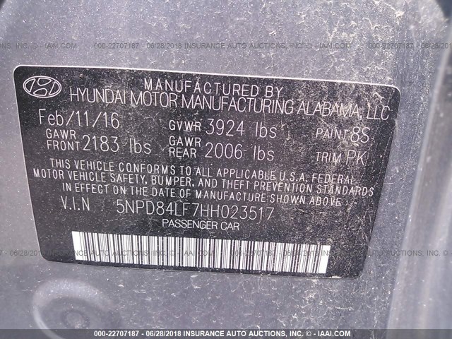 5NPD84LF7HH023517 - 2017 HYUNDAI ELANTRA SE/VALUE/LIMITED GRAY photo 9