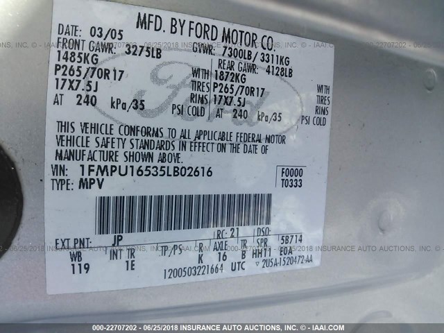 1FMPU16535LB02616 - 2005 FORD EXPEDITION XLT SILVER photo 9