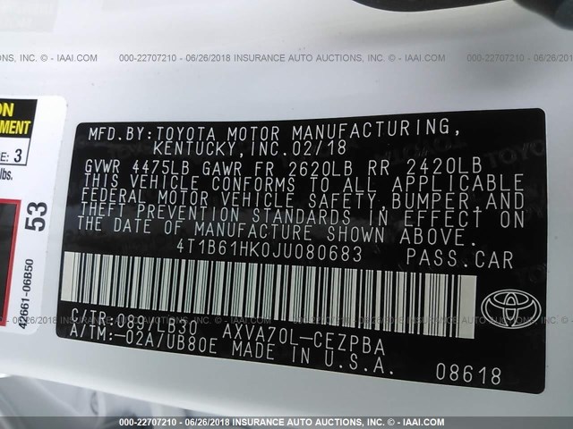 4T1B61HK0JU080683 - 2018 TOYOTA CAMRY XSE WHITE photo 9