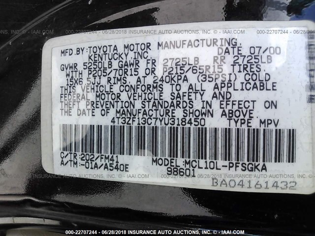 4T3ZF13C7YU318450 - 2000 TOYOTA SIENNA LE/XLE BLACK photo 9