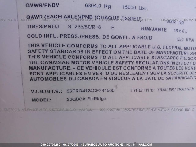 5SFRG4124CE241560 - 2012 HEARTLAND ELKRIDGE  棕色 照片 9