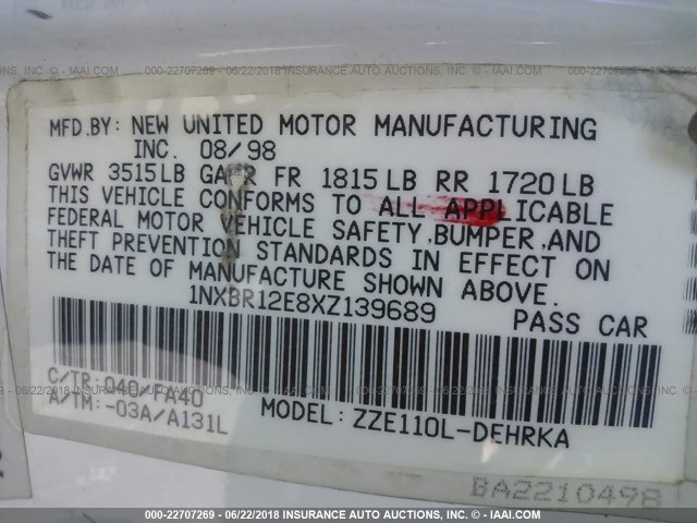 1NXBR12E8XZ139689 - 1999 TOYOTA COROLLA VE/CE/LE 白色 照片 9