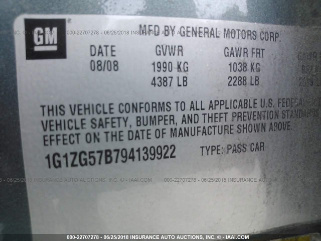 1G1ZG57B794139922 - 2009 CHEVROLET MALIBU LS ტალღისფერი ფოტო 9