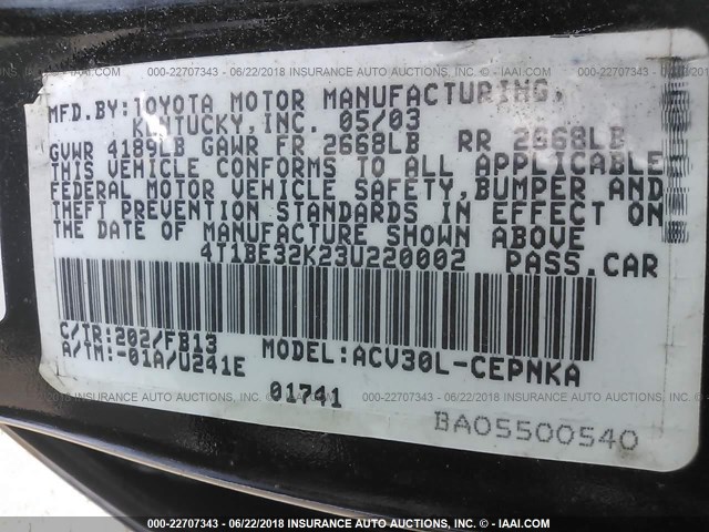4T1BE32K23U220002 - 2003 TOYOTA CAMRY LE/XLE/SE Qara foto 9