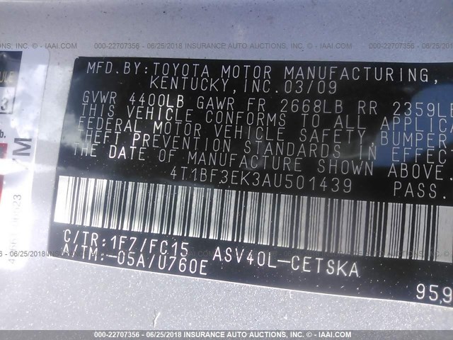 4T1BF3EK3AU501439 - 2010 TOYOTA CAMRY SE/LE/XLE 灰色 照片 9