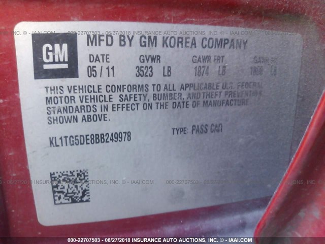 KL1TG5DE8BB249978 - 2011 CHEVROLET AVEO LT RED photo 9