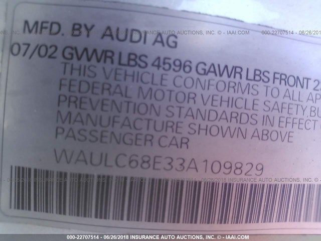 WAULC68E33A109829 - 2003 AUDI A4 1.8T QUATTRO SILVER photo 9