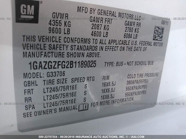 1GAZGZFG2B1189025 - 2011 CHEVROLET EXPRESS G3500 LS 白色 照片 9