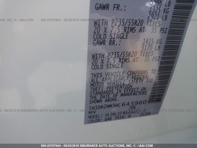 5N1DR2MM3HC645960 - 2017 NISSAN PATHFINDER S/SV/SL/PLATINUM 白色 照片 9