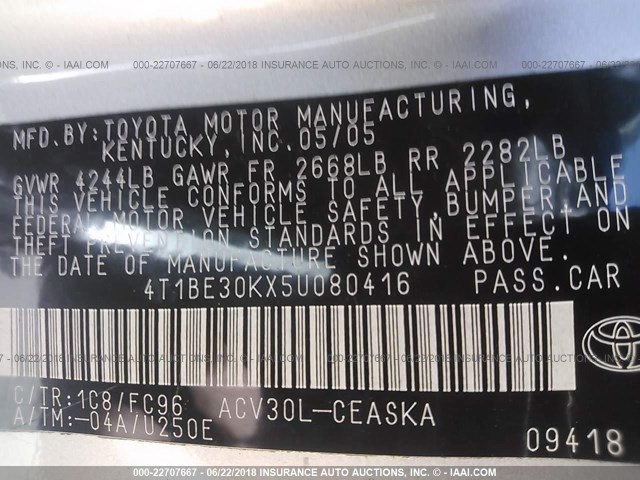 4T1BE30KX5U080416 - 2005 TOYOTA CAMRY LE/XLE/SE Gümüş foto 9