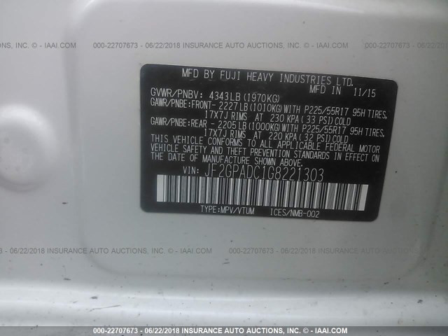 JF2GPADC1G8221303 - 2016 SUBARU CROSSTREK PREMIUM თეთრი ფოტო 9