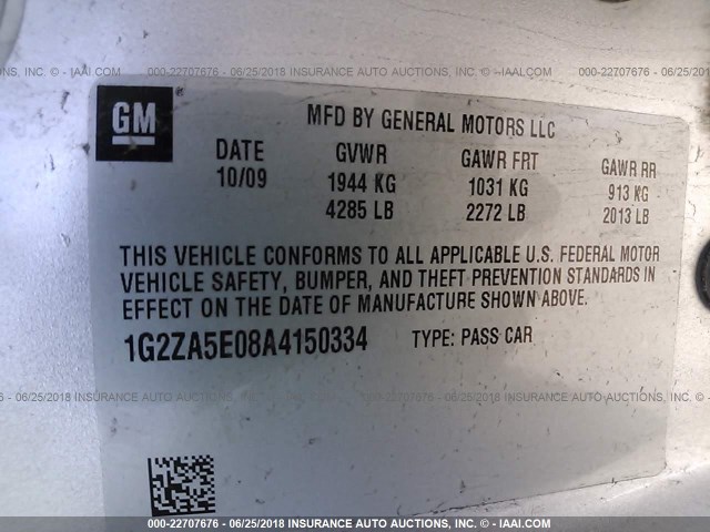 1G2ZA5E08A4150334 - 2010 PONTIAC G6 SILVER photo 9