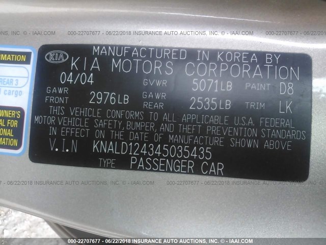 KNALD124345035435 - 2004 KIA AMANTI GOLD photo 9