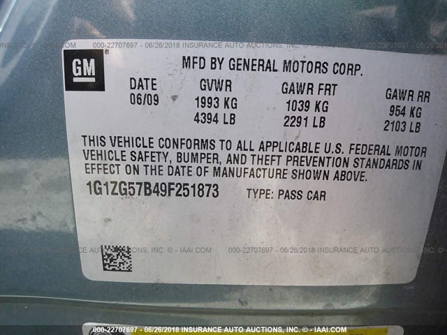 1G1ZG57B49F251873 - 2009 CHEVROLET MALIBU LS 绿色 照片 9