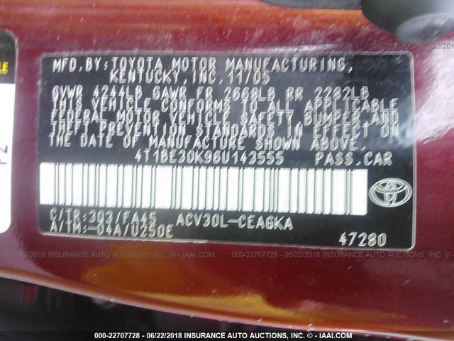 4T1BE30K96U143555 - 2006 TOYOTA CAMRY LE/XLE/SE Qırmızı foto 9