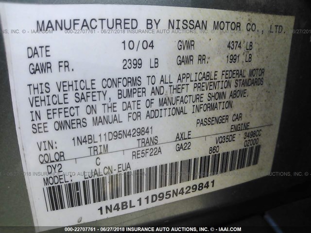 1N4BL11D95N429841 - 2005 NISSAN ALTIMA SE/SL/SE-R GREEN photo 9