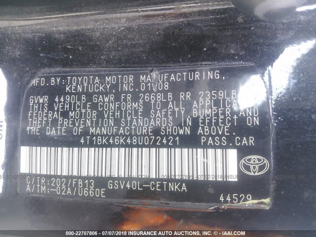4T1BK46K48U072421 - 2008 TOYOTA CAMRY LE/XLE/SE შავი ფოტო 9