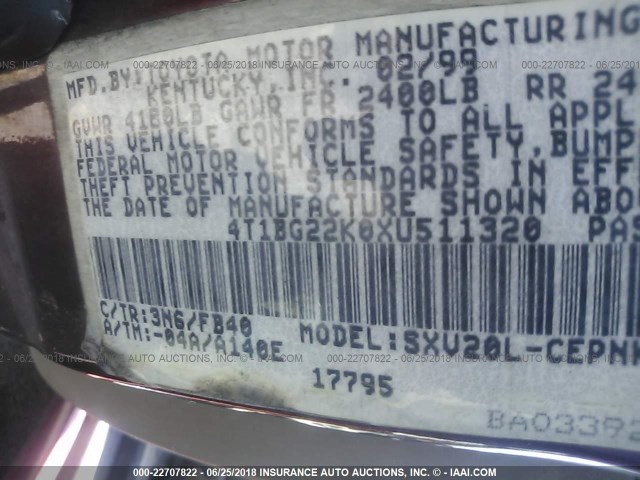 4T1BG22K0XU511320 - 1999 TOYOTA CAMRY CE/LE/XLE RED photo 9