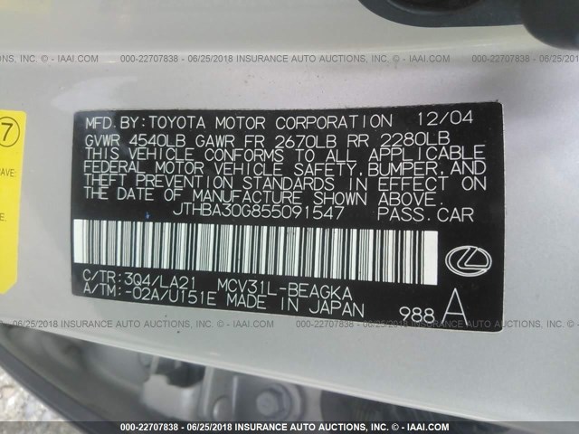 JTHBA30G855091547 - 2005 LEXUS ES 330 SILVER photo 9