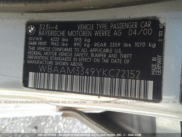 WBAAM3349YKC72152 - 2000 BMW 323 I SILVER photo 9