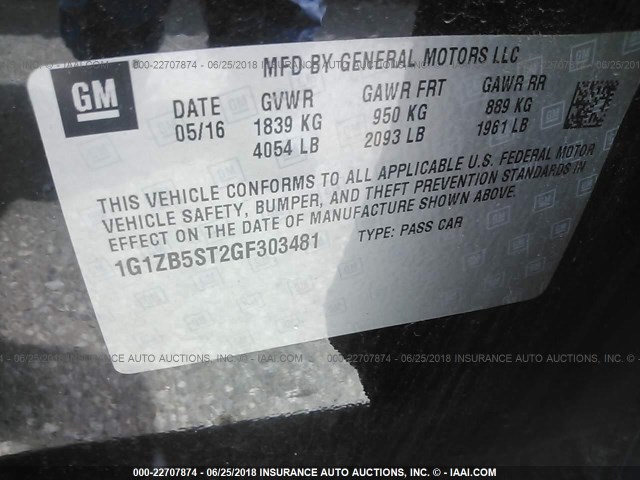 1G1ZB5ST2GF303481 - 2016 CHEVROLET MALIBU LS Qara foto 9