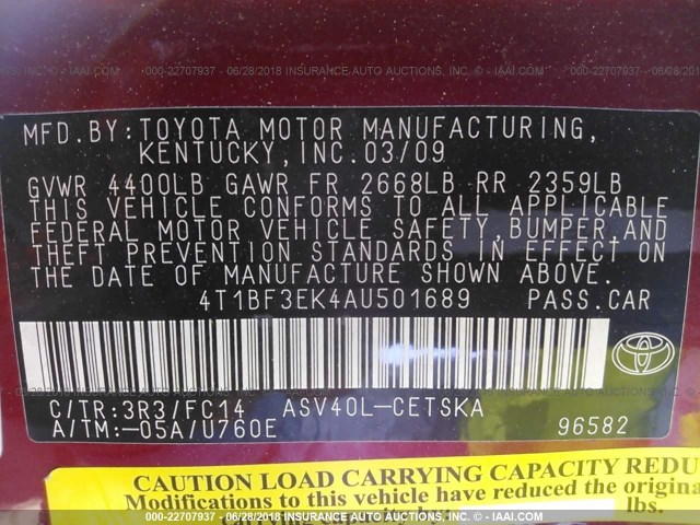 4T1BF3EK4AU501689 - 2010 TOYOTA CAMRY SE/LE/XLE RED photo 9
