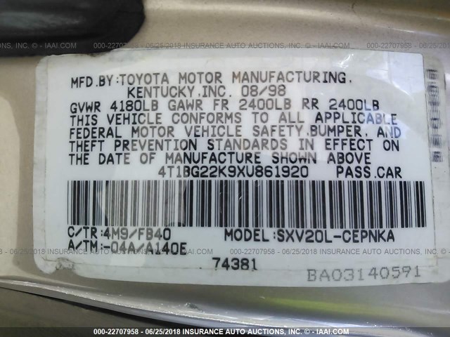 4T1BG22K9XU861920 - 1999 TOYOTA CAMRY CE/LE/XLE GOLD photo 9