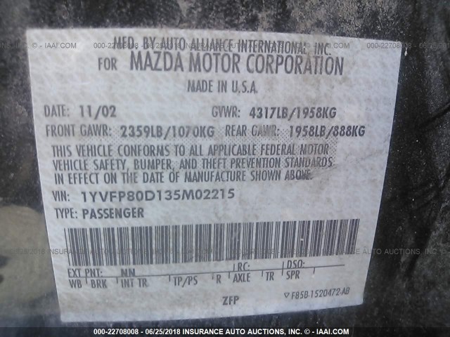 1YVFP80D135M02215 - 2003 MAZDA 6 S BLACK photo 9