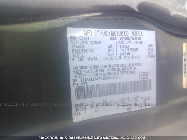 1FMZU74E42UA42477 - 2002 FORD EXPLORER EDDIE BAUER GREEN photo 9