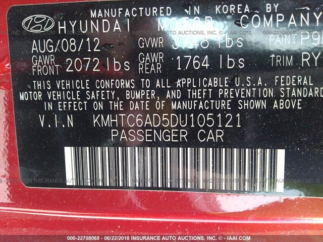 KMHTC6AD5DU105121 - 2013 HYUNDAI VELOSTER RED photo 9