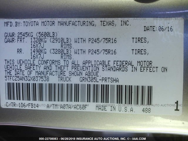 5TFCZ5AN3GX037538 - 2016 TOYOTA TACOMA DBL CAB/SR/SR5/TRD SPT/OR SILVER photo 9