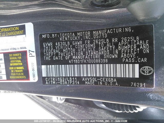 4T1BD1FK1DU088398 - 2013 TOYOTA CAMRY HYBRID/LE/XLE 灰色 照片 9