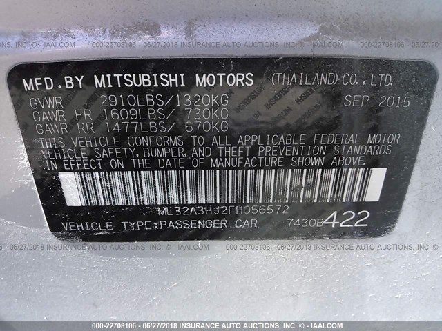 ML32A3HJ2FH056572 - 2015 MITSUBISHI MIRAGE DE SILVER photo 9