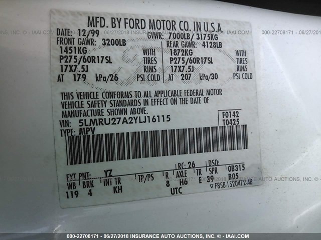 5LMRU27A2YLJ16115 - 2000 LINCOLN NAVIGATOR WHITE photo 9