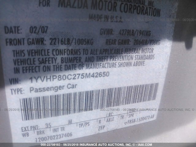 1YVHP80C275M42650 - 2007 MAZDA 6 I Արծաթագույն լուսանկար 9