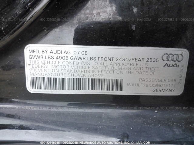 WAULF78KX9N015127 - 2009 AUDI A4 2.0T QUATTRO BLACK photo 9