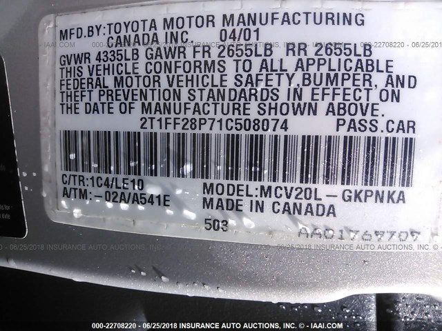 2T1FF28P71C508074 - 2001 TOYOTA CAMRY SOLARA SE/SLE SILVER photo 9