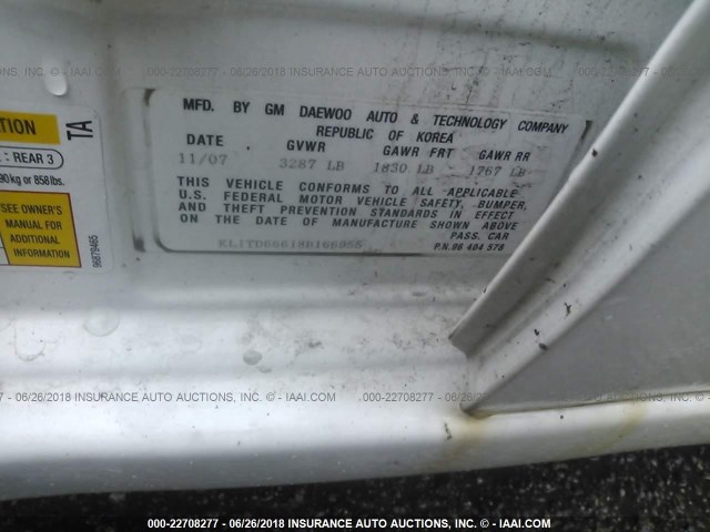 KL1TD66618B166955 - 2008 CHEVROLET AVEO LS WHITE photo 9