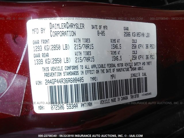 2A4GP44R36R608405 - 2006 CHRYSLER TOWN & COUNTRY LX RED photo 9