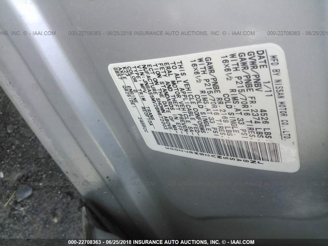 JN8AS5MV2BW672003 - 2011 NISSAN ROGUE S/SV/KROM SILVER photo 9