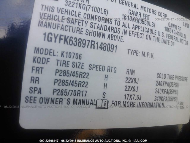 1GYFK63897R148091 - 2007 CADILLAC ESCALADE LUXURY Mavi foto 9