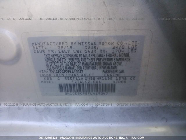 3N1CE2CP2FL419047 - 2015 NISSAN VERSA NOTE S/S PLUS/SV/SL/SR SILVER photo 9