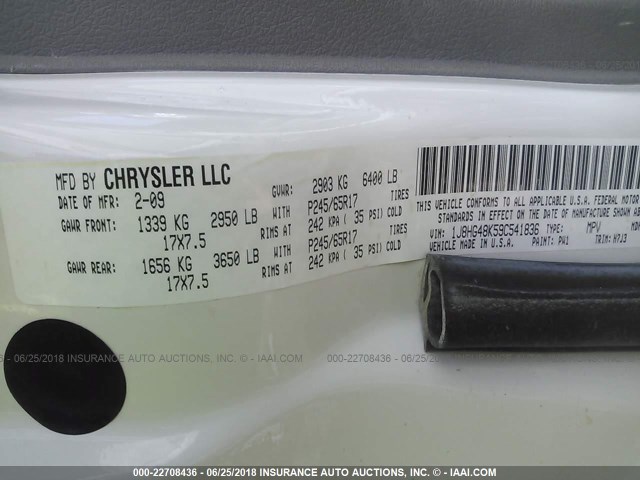 1J8HG48K59C541836 - 2009 JEEP COMMANDER SPORT Weiß Foto 9