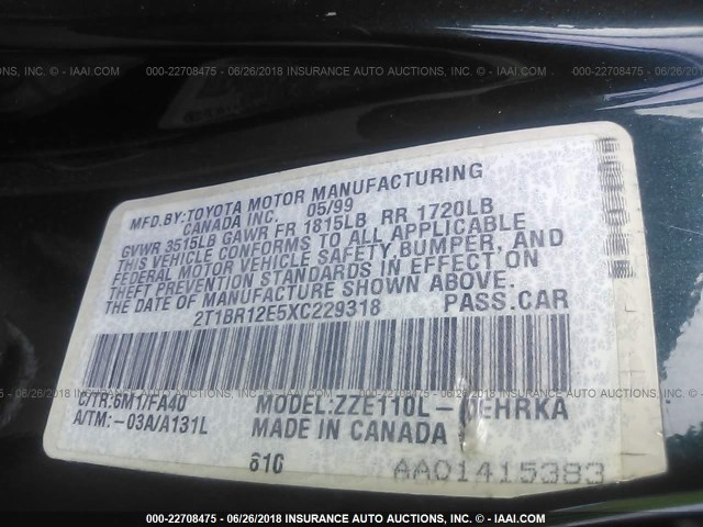 2T1BR12E5XC229318 - 1999 TOYOTA COROLLA VE/CE/LE 绿色 照片 9